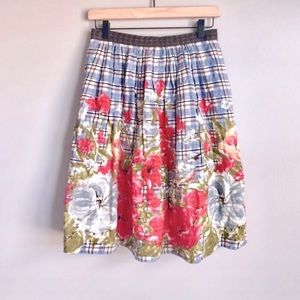 Anthropologie Odille Pleated Picked Plaid Bird Floral Print Retro Skirt Size 2